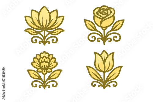 Golden flower logo icon set. Luxury floral collection with lotus, rose, tulip, chrysanthemum. Elegant ornamental symbols for beauty, spa, yoga studio. Vector illustration design.