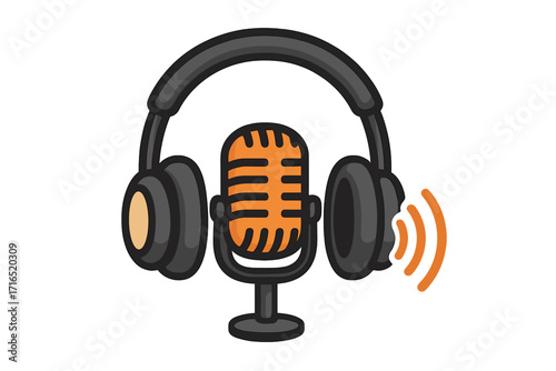 Podcast logo with microphone and headphones. Vector cartoon illustration for audio broadcast or radio show. Studio recording equipment icon for streaming music or talk show. Sound and media symbol.