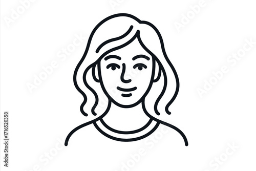 Woman face line art icon. Vector illustration of a female headshot portrait. Simple black and white avatar for profile. Young person with hairstyle. Minimalist character design sketch.