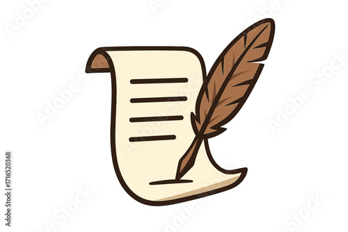 Quill and parchment paper icon. Feather pen writing a letter on a scroll. Vintage note symbol for law, poetry, or history. Old document, contract, or manuscript signature.