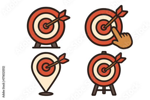 Target icon set for business goals and marketing strategy. Arrow in bullseye for success and achievement. Includes location pin for local targeting and click icon.