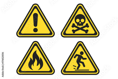 Warning signs vector set. Hazard symbols collection. Danger icon. Flammable, poison, slippery floor, and general hazard attention signs. Yellow triangle safety signs illustration.