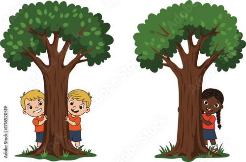 Happy children playing hide and seek behind trees, fun outdoor activity, kids enjoying nature, forest playtime, summer adventure illustration.