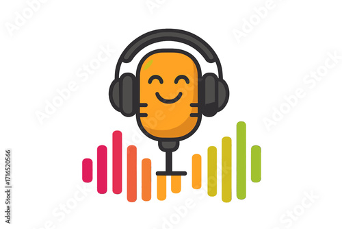 Podcast logo concept. Happy cartoon microphone character with headphones. Music, radio, and streaming icon. Audio wave, sound equalizer. Vector for broadcast show.