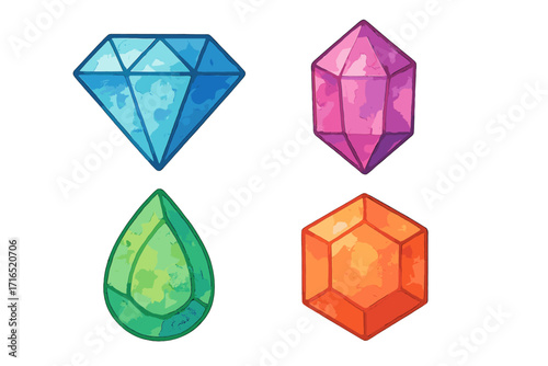 Colorful gemstone watercolor collection. Set of precious jewels and crystal icons. Hand-drawn diamond, ruby, emerald, and sapphire. Shiny mineral vector illustration pack.