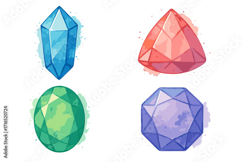 Watercolor gemstones set. Collection of colorful hand-drawn crystals and precious stones. Vector illustration of shiny jewels like ruby, sapphire, emerald, and amethyst icons.