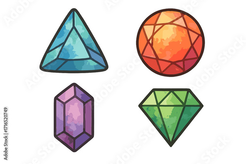 Set of colorful watercolor gemstones. Collection of precious stones, crystals and jewels. Hand-drawn vector illustration of isolated cartoon diamonds, ruby, emerald shapes.