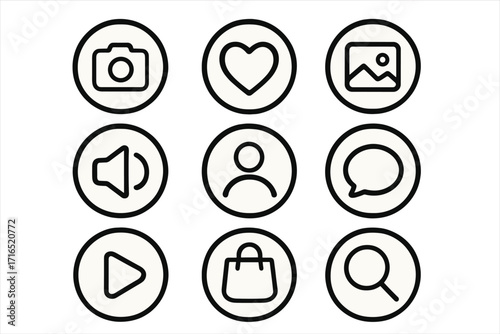 Social media highlight covers and icon set. Modern minimalist line art buttons for web and app UI. Includes like, comment, search, play, shop, and profile symbols. Vector pack.