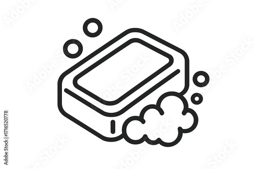 Soap bar line icon with bubbles and foam. Vector illustration for hygiene, cleanliness, and skincare. Simple minimal symbol for washing, personal care, and sanitation. Clean design.