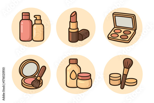Cosmetics icon set for social media. Beauty products vector collection. Makeup glamour illustration. Lipstick, eyeshadow, blush, powder, foundation, cream, brush icons.
