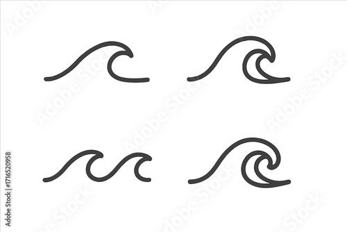 Wave outline logo set. Simple minimal sea and ocean vector icons. Water splash, surf symbol collection. Abstract swirl, flow, and aqua graphic elements for modern design.