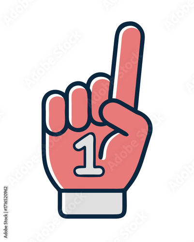 Number 1 (one) fan hand glove with finger raised flat vector icon .Number 1 foam glove icon. Red number one fan hand glove. Simple flat style. Fan logo hand with finger raised. Vector illustration 
