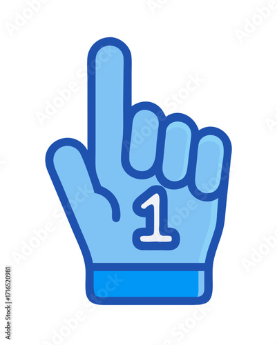 Number 1 (one) fan hand glove with finger raised flat vector icon .Number 1 foam glove icon. Red number one fan hand glove. Simple flat style. Fan logo hand with finger raised. Vector illustration 
