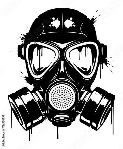 Grunge Gas Mask with Ink Splatter black shape vector laser cutting engraving monochrome print
