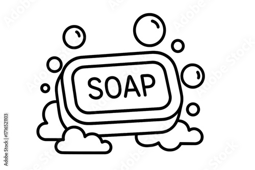 Soap bar outline icon with bubbles. Vector linear symbol for hygiene, cleaning, and personal care. Graphic element for web design, apps, and print. Cleanliness concept.