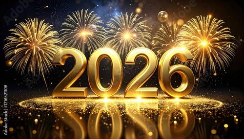 Luxurious 3D Golden 2026 Numbers with Fireworks Background