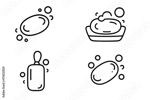Soap bar line icon set with bubbles and lather. Vector symbols of hygiene, cleaning, and washing. Minimalist outline illustration for bathroom, personal care, and skincare concepts.