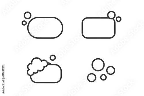 Soap bar and bubbles thin line icon set. Simple vector illustration collection. Hygiene, cleaning, washing, lather, foam, suds concept. Minimalist outline symbols for web.