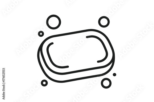 Soap bar icon with bubbles. Line art vector illustration. Cleanliness and hygiene concept. Personal care and washing hands symbol. Simple outline drawing for web and apps.