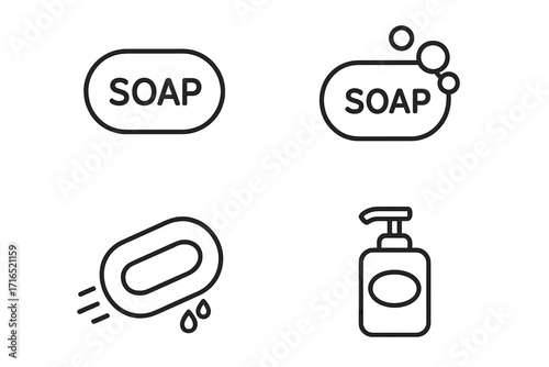Soap line icon set with bar and liquid soap dispenser. Concept of hygiene, hand washing, cleanliness, and personal care. Outline vector symbols for web, ui, app design.