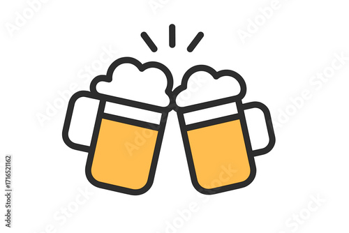 Two beer mugs clinking in a toast, cheers vector line icon. Celebration, party at pub or bar concept. Friends drinking beer. Alcohol, ale, lager drink with foam symbol.