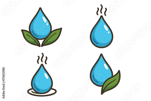 Water drop aromatherapy oil logo design set. Vector cartoon collection of pure essential oil icons with leaves and steam for spa, wellness, natural, and eco concepts.