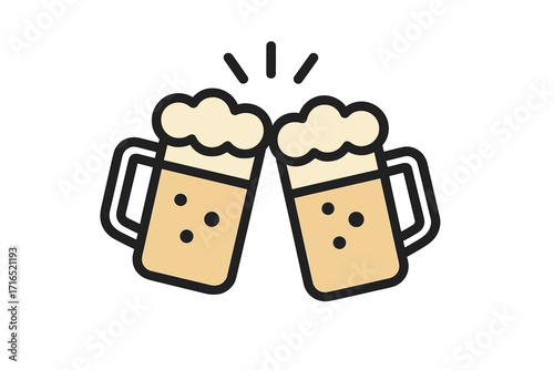 Cheers with two beer mugs. Clinking glasses toast concept. Celebration at a pub or bar. Frothy ale in glass tankards. Vector graphic icon for party invitation or menu.