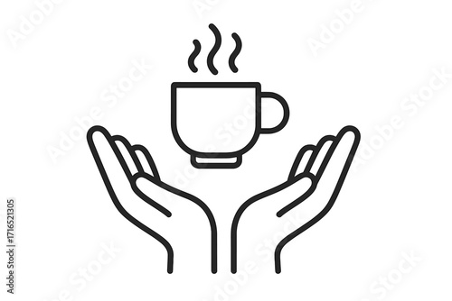 Open hands holding a hot coffee or tea cup. Concept of giving, care, sharing, and support. Symbol of charity, donation, warmth, comfort, and hospitality. Morning drink.