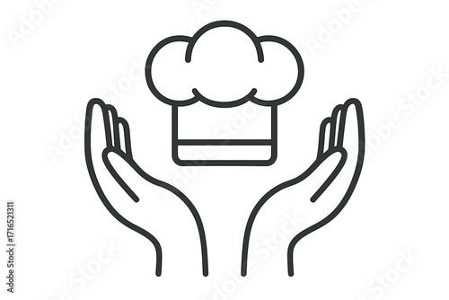 Cooking concept with hands holding chef hat. Culinary icon for restaurant, kitchen, food blog, catering service. Professional cook symbol. Food industry logo design idea.