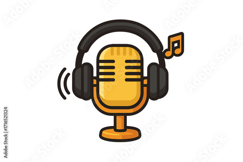 Podcast microphone with headphones icon for music and audio recording. Streaming concept for radio broadcast or live show. Vector cartoon logo for entertainment media.
