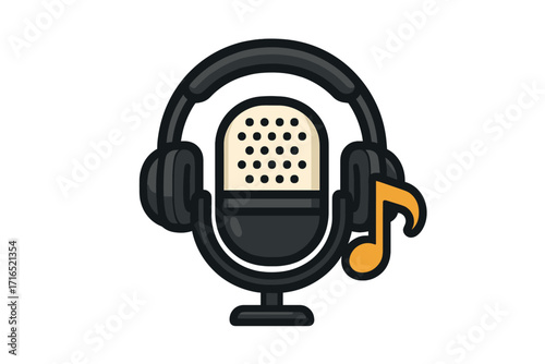 Podcast microphone with headphones and music note vector icon. Audio recording equipment for broadcast, radio show, or streaming. Studio mic logo concept cartoon style.