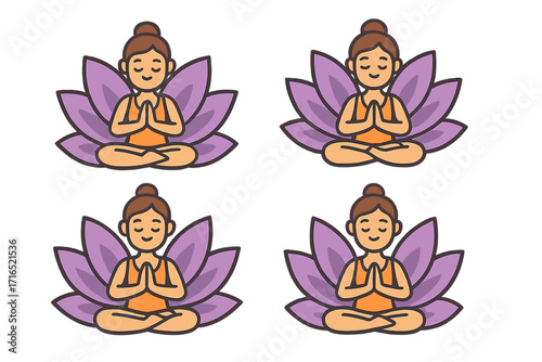 Yoga woman in lotus pose meditating with namaste hands. Serene character inside a purple lotus flower. Zen, spiritual wellness, and harmony concept. Vector icon set.