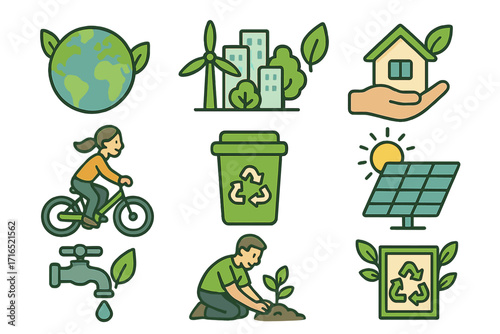 Eco friendly icon set for environmental sustainability. Green energy, recycling, conservation concepts. Urban ecology, planet care, renewable power, water saving go green icons.
