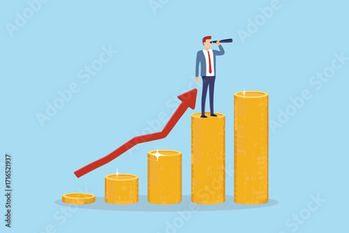 Businessman with spyglass standing on stack of coins looking towards upward trending arrow representing financial growth and success
