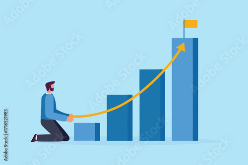 Man pulling a yellow arrow up a blue bar graph towards a flag on the highest bar
