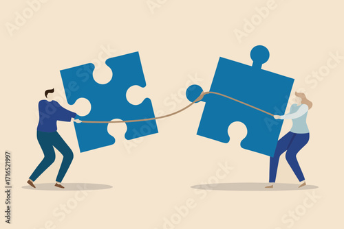 Man and woman pulling puzzle pieces together with rope symbolizing teamwork and collaboration