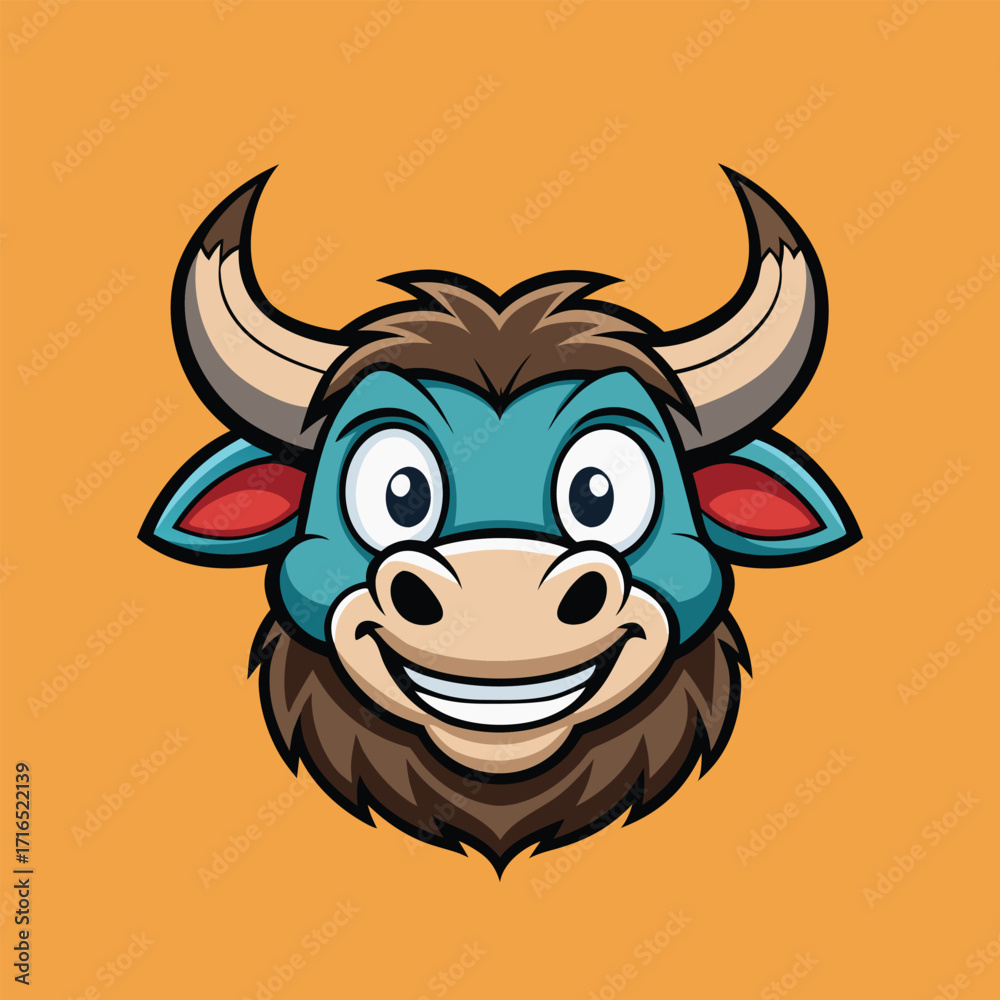 Fototapeta premium Cartoon Bull Head Mascot Vector Illustration Funny Yak Ox Buffalo Face Character Happy Smiling Bison Artwork Cute Farm Animal Icon Playful Bull Cartoon Logo Modern Sports Mascot