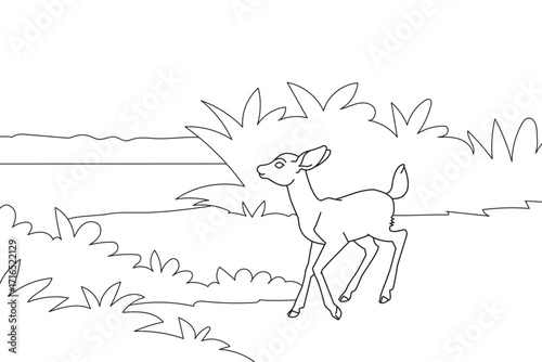 Deer Line Art Illustration Vector, Fawn With Bush, Hand Drawn Deer, Fawn in Field A Black and White Line Art Depiction