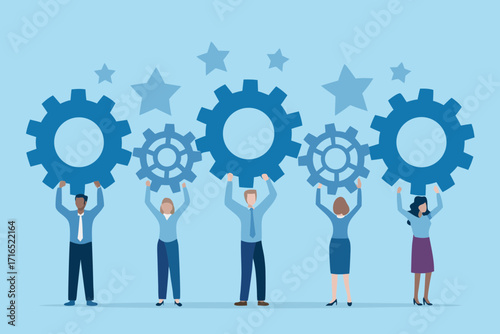 Diverse team of people holding gears and stars symbolizing collaboration and success