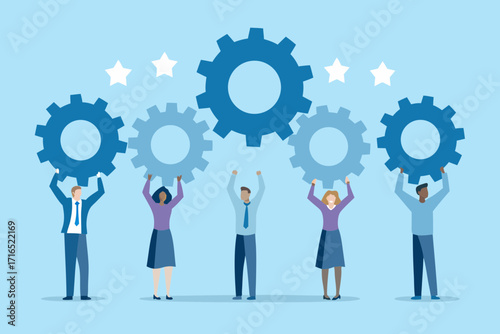 Diverse group of people holding up gears and stars symbolizing teamwork and success