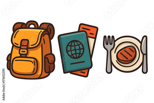 Travel essentials icon set vector illustration. Backpack for adventure, passport and ticket for documentation and journey. Plate with food for culinary tourism and gastronomy.