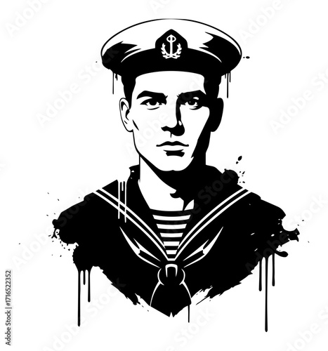 Vintage Sailor Portrait Vector — Black Ink Illustration on White Background