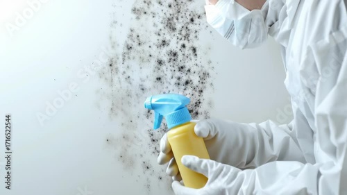 Specialist in protective suit spraying a product — mold removal, disinfection of a wall in a lab, service context. 