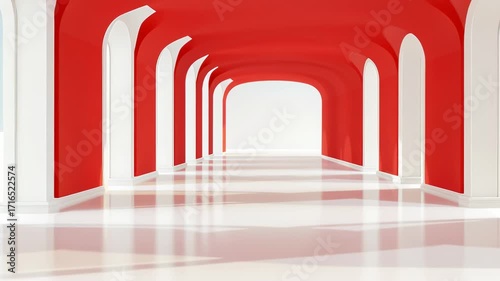 Long arched gallery in vivid red palette with glossy white floor — strong perspective architecture for design and advertising