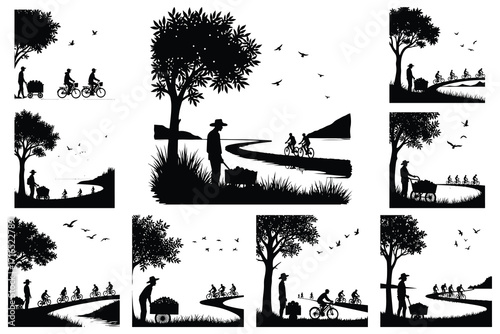 Silhouette farmer with cart and cyclists by water and trees