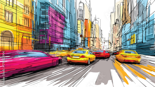 Busy Urban Street with Colorful Traffic Cars and Cityscape in Vibrant Scene