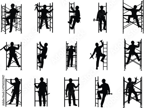 Scaffolding, Construction, Worker, Silhouette, Climb, Drill, Hammer, Manual, Labor, Grid, Blackwhite, Safety, Posture, Equipment, Task, Structure, Tool, Technique, Industrial, Action