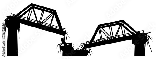 Destroyed and Collapsed Bridge Ruin Silhouette black shape vector laser cutting engraving monochrome print