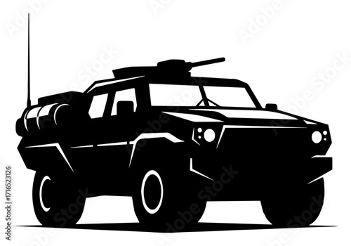 Armored Military Combat Vehicle with a Turret Black Shape Vector Laser Cutting Engraving Monochrome Print