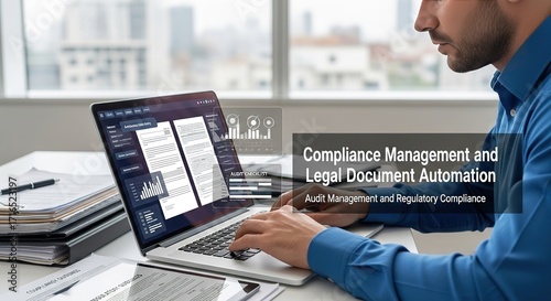 Businessperson Using Laptop for Compliance Management and Legal